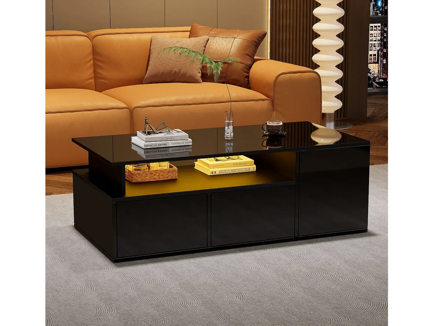 Mesa De Centro|ModernLuxe Mesa de centro alto brilho 100×50×35 cm - com iluminação LED - 2 gavetas - 3 compartimentos - Preto
