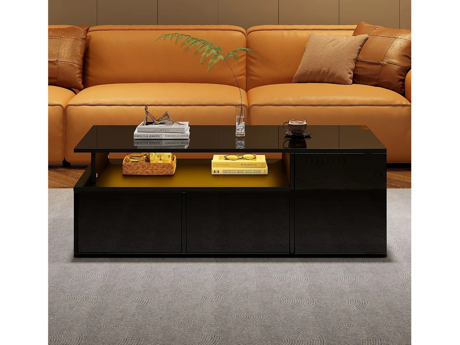 Mesa De Centro|ModernLuxe Mesa de centro alto brilho 100×50×35 cm - com iluminação LED - 2 gavetas - 3 compartimentos - Preto