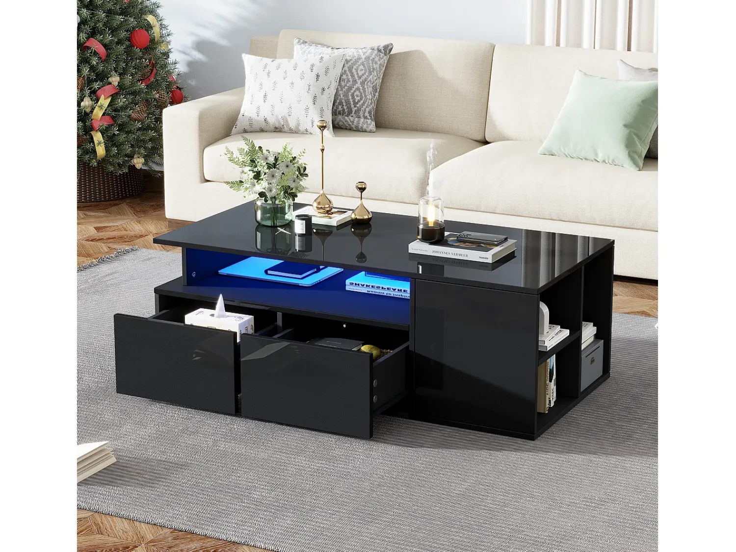 Mesa De Centro|ModernLuxe Mesa de centro alto brilho 100×50×35 cm - com iluminação LED - 2 gavetas - 3 compartimentos - Preto