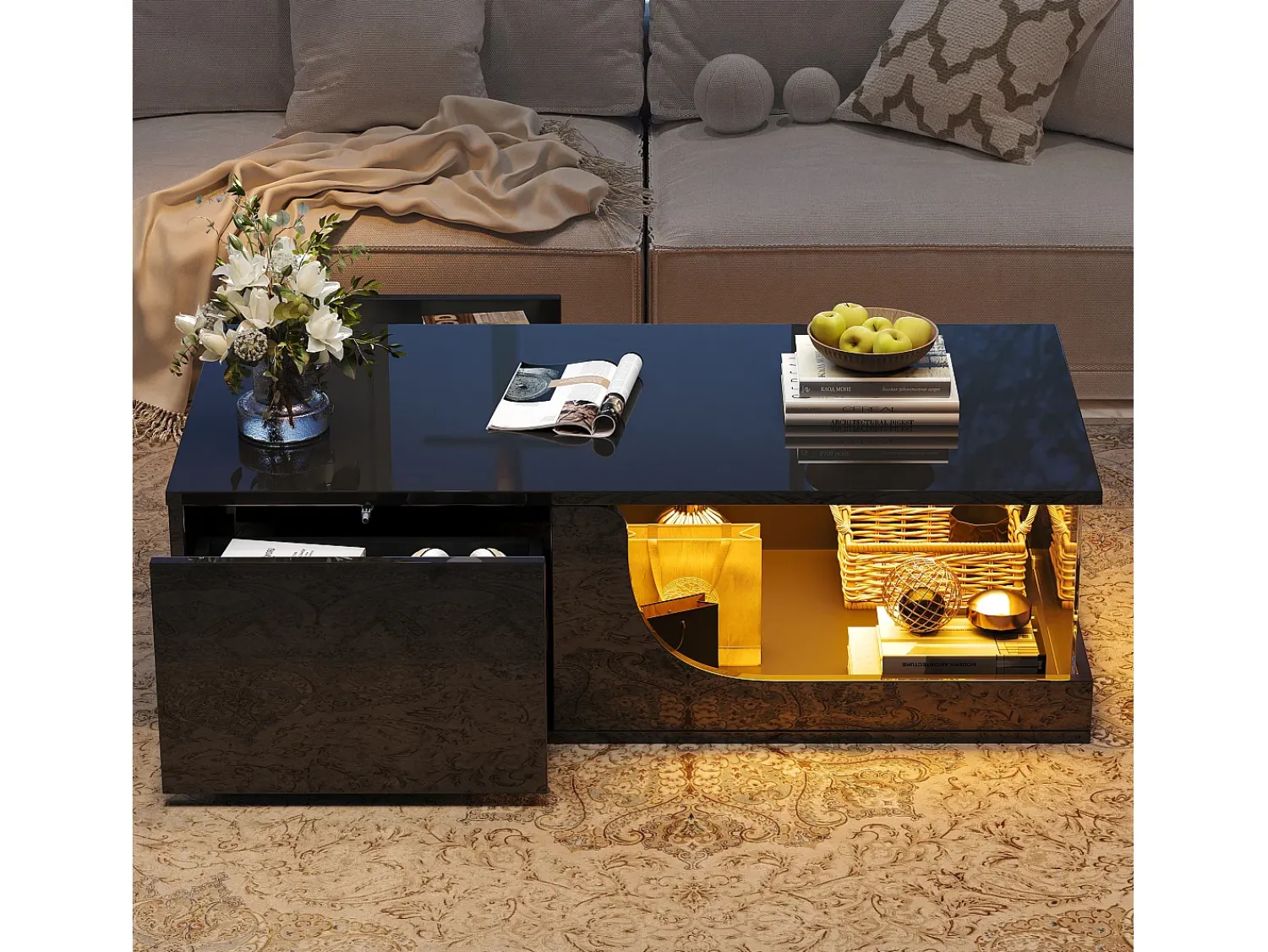 ModernLuxe Mesa de centro alto brilho 100x50x30 cm - com 2 gavetas - com iluminação LED - vidro temperado - MDF -^ Mesa De Centro