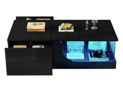 ModernLuxe Mesa de centro alto brilho 100x50x30 cm - com 2 gavetas - com iluminação LED - vidro temperado - MDF -^ Mesa De Centro