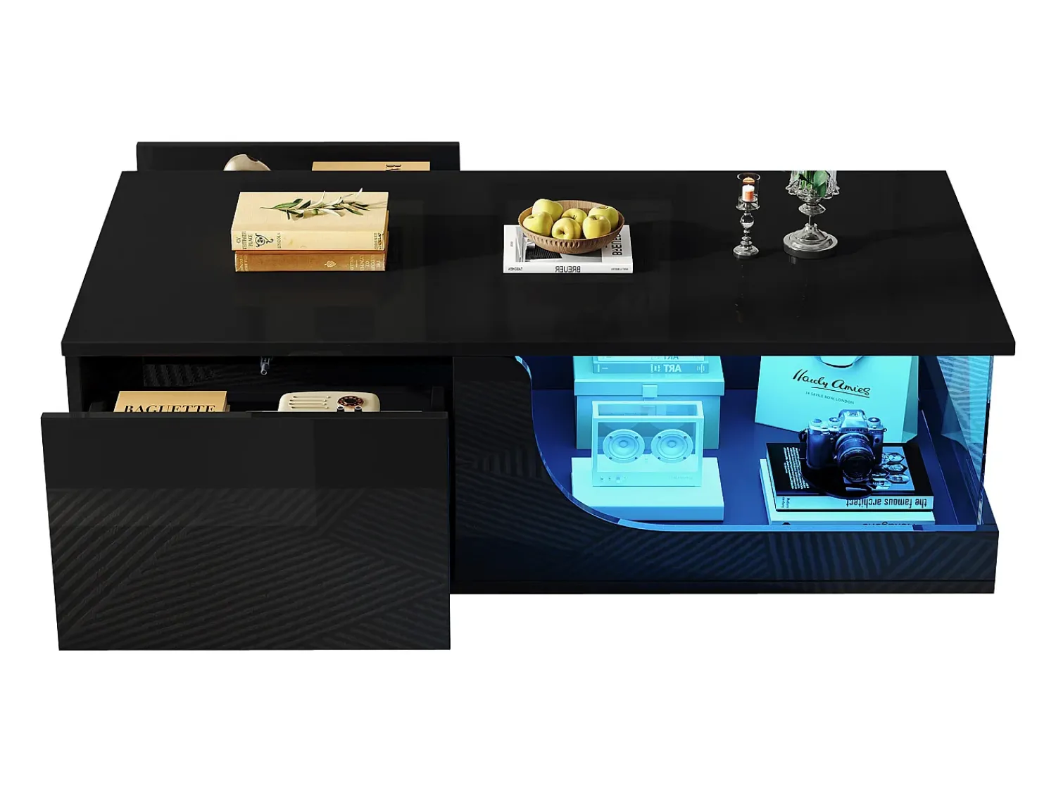 ModernLuxe Mesa de centro alto brilho 100x50x30 cm - com 2 gavetas - com iluminação LED - vidro temperado - MDF -^ Mesa De Centro