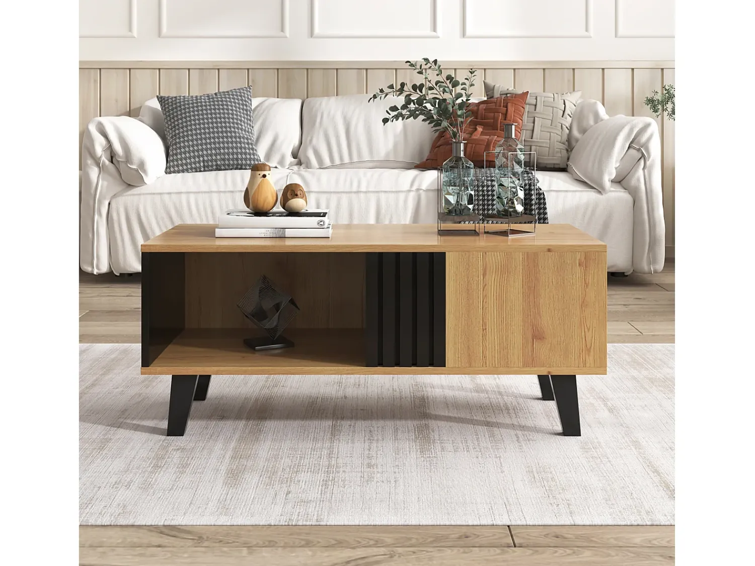 Sale Mesa de centro, aparador, cômoda com design em madeira e preto, mesa de sala de estar com gavetas, mesa lateral Natural claro