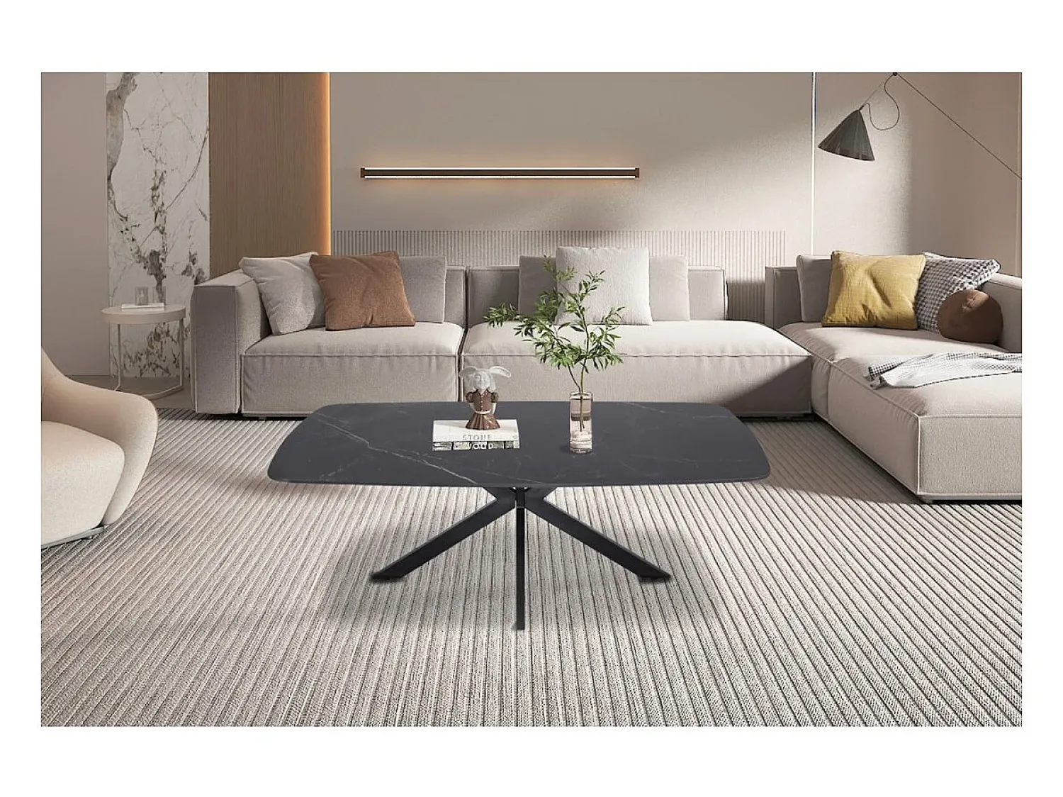 Mesa De Centro|Meublorama Mesa de Centro ARVENA – Mesa de Centro Retangular 130x70 cm – Pedra Preta & Metal – Design Elegante e Contemporâneo Preto