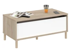 New Mesa de centro Azzaro, sala de estar, tampo elevatório, melamina de carvalho japonês, 110x44x50 cm Branco