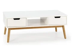 Hot VS Venta-stock Mesa de centro Baku branca, pinho maciço, 2 gavetas, 110 cm. Branco