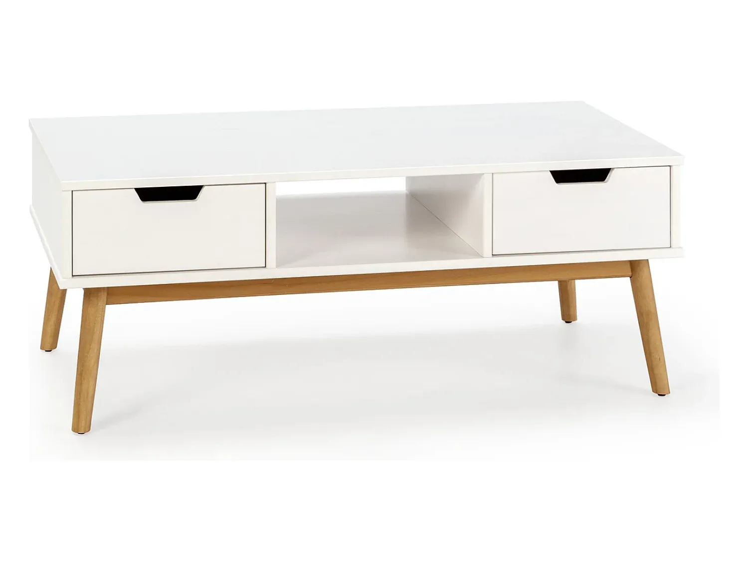 Hot VS Venta-stock Mesa de centro Baku branca, pinho maciço, 2 gavetas, 110 cm. Branco