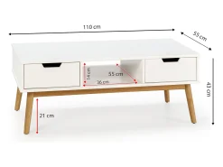 Hot VS Venta-stock Mesa de centro Baku branca, pinho maciço, 2 gavetas, 110 cm. Branco