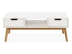 Hot VS Venta-stock Mesa de centro Baku branca, pinho maciço, 2 gavetas, 110 cm. Branco
