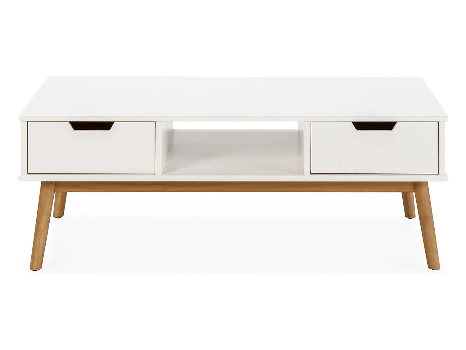 Hot VS Venta-stock Mesa de centro Baku branca, pinho maciço, 2 gavetas, 110 cm. Branco