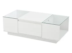 Mesa De Centro* Mesa de centro branca - Mesa de centro com iluminação LED e 2 gavetas - Tampo em vidro Branco