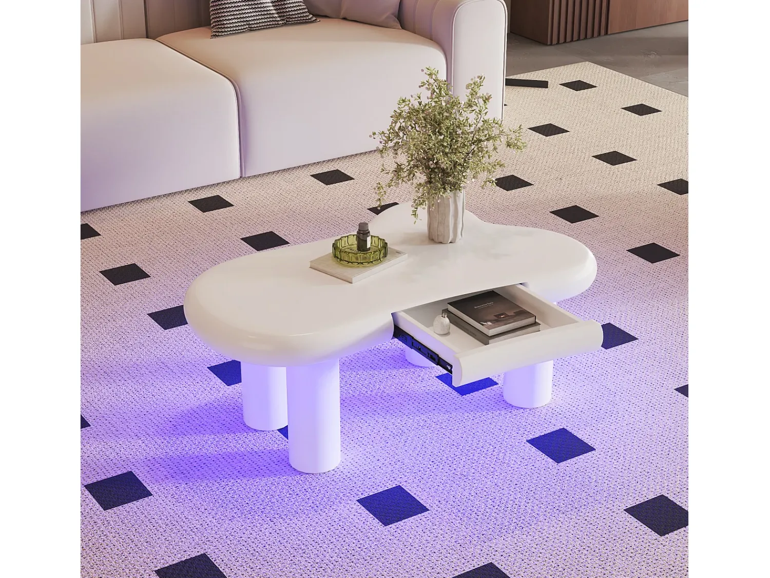 Mesa De Centro| Mesa de centro branca - Mesa de apoio com iluminação LED e 1 gaveta - para sala de estar Branco