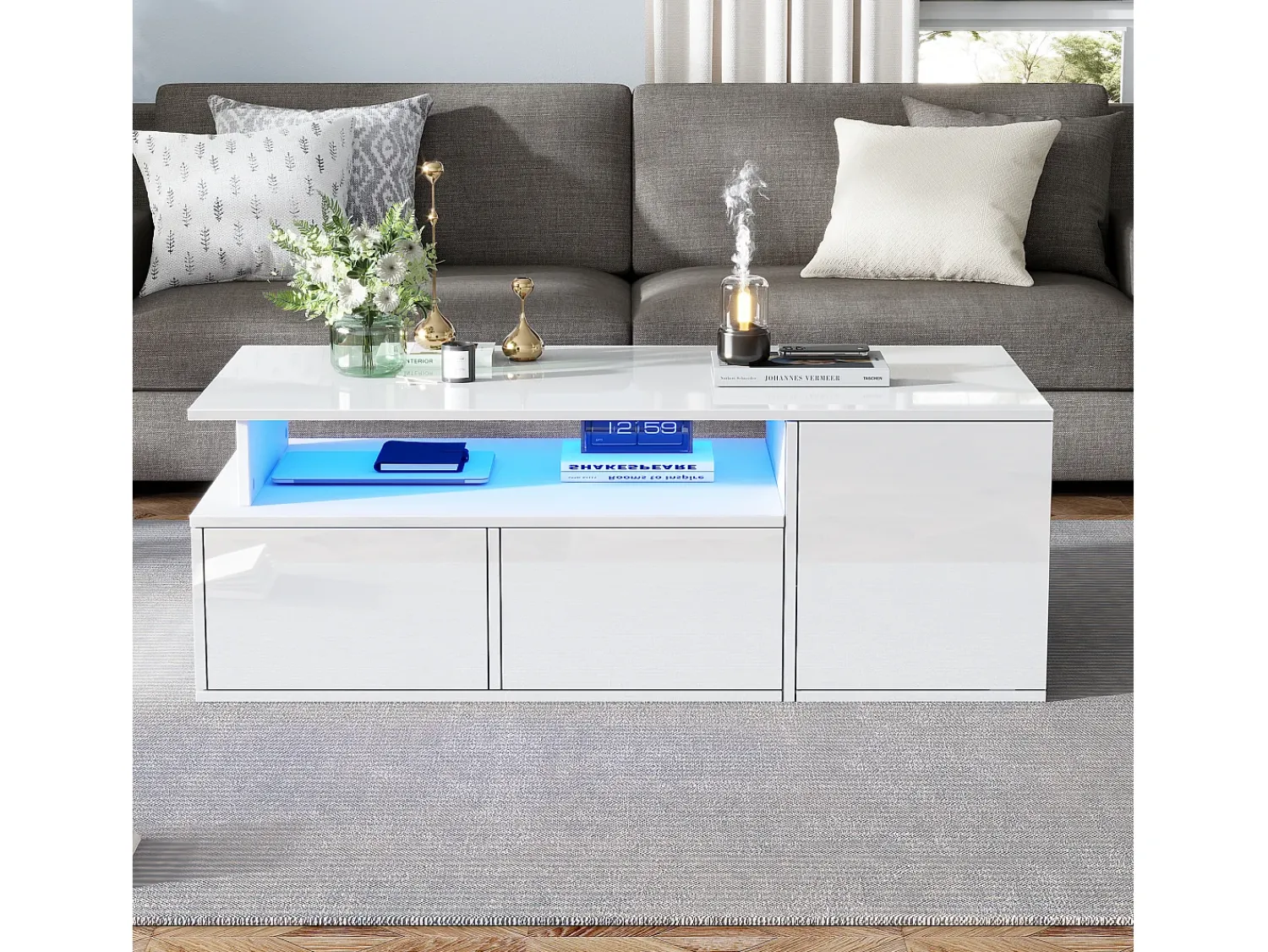 Mesa De Centro* Mesa de centro branca - Mesa de centro com iluminação LED e 2 gavetas - Arrumação aberta Branco