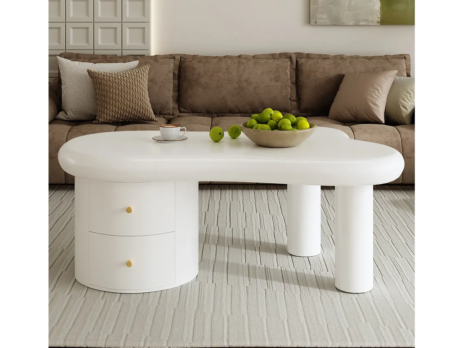 Mesa De Centro* Mesa de centro branca - Mesa de apoio com 2 gavetas e pés de coluna - para sala de estar Branco