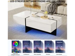 Merax Mesa de centro branca alto brilho, mesa de sala, tampo em mármore com LED, 100 x 50 x 34,5 cm^ Mesa De Centro
