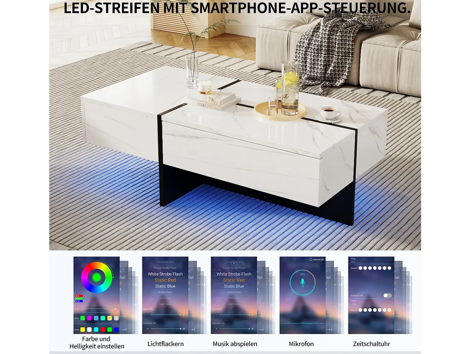 Merax Mesa de centro branca alto brilho, mesa de sala, tampo em mármore com LED, 100 x 50 x 34,5 cm^ Mesa De Centro
