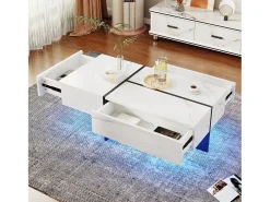 Merax Mesa de centro branca alto brilho, mesa de sala, tampo em mármore com LED, 100 x 50 x 34,5 cm^ Mesa De Centro