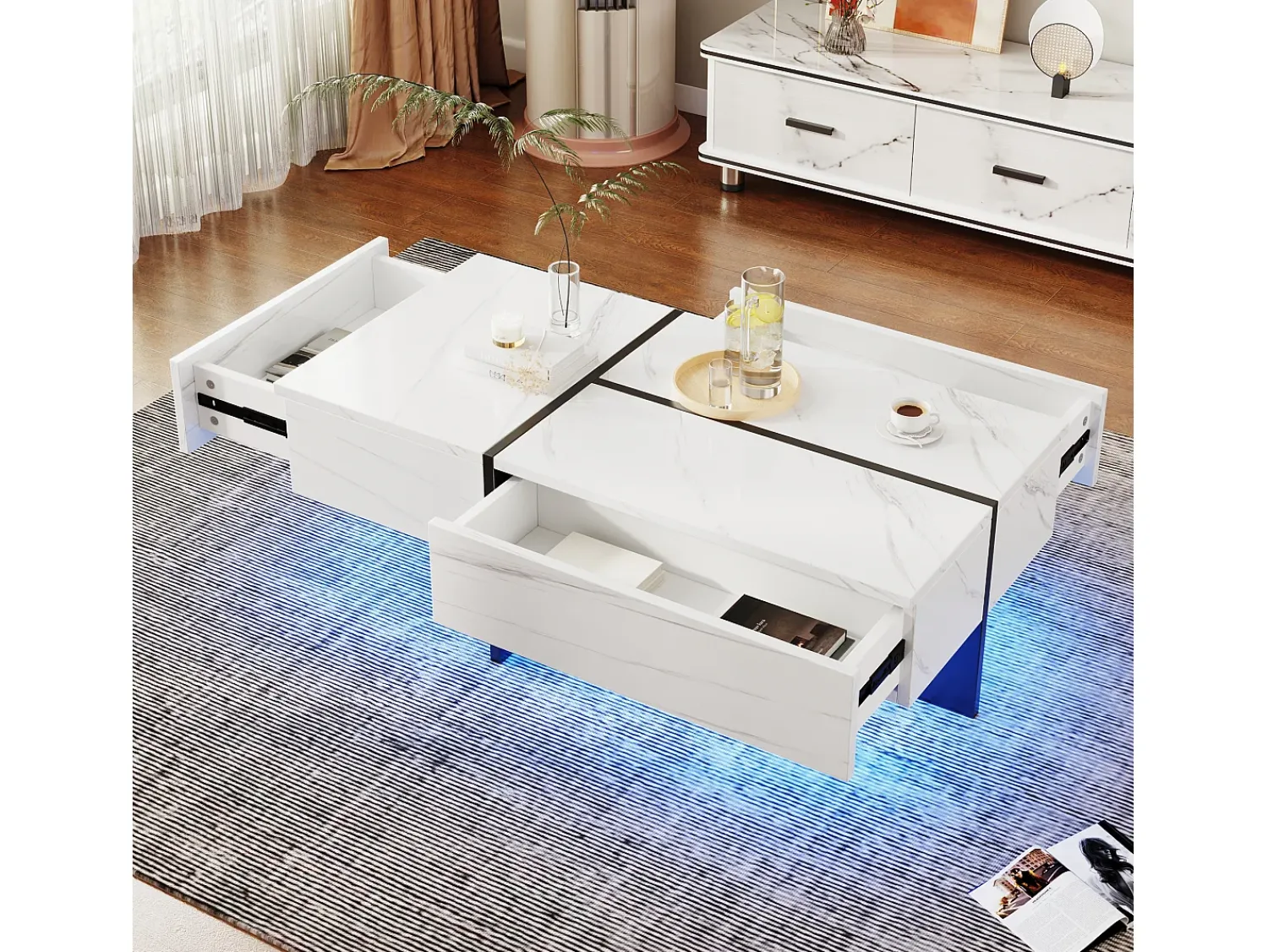 Merax Mesa de centro branca alto brilho, mesa de sala, tampo em mármore com LED, 100 x 50 x 34,5 cm^ Mesa De Centro