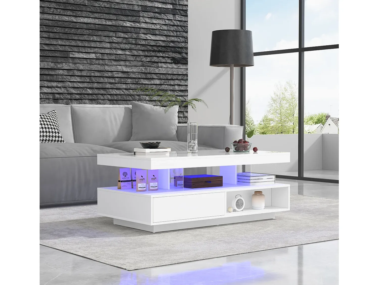 Mesa De Centro|Merax Mesa de centro branca brilhante 95x50x42,5 cm - com 4 tampos de vidro, 2 gavetas e 2 compartimentos abertos, armário baixo na sala, mesa de centro Branco