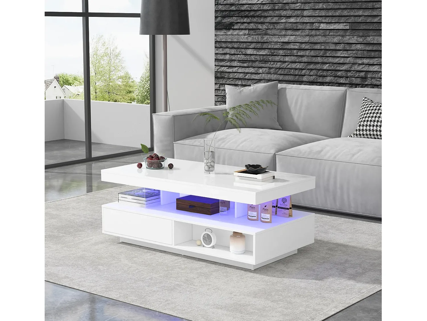 Mesa De Centro|Merax Mesa de centro branca brilhante 95x50x42,5 cm - com 4 tampos de vidro, 2 gavetas e 2 compartimentos abertos, armário baixo na sala, mesa de centro Branco