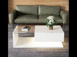 Mesa De Centro*Hauss Spole Mesa de centro branca brilhante com gaveta e LED, tampo em vidro 105x55x32,5cm Branco
