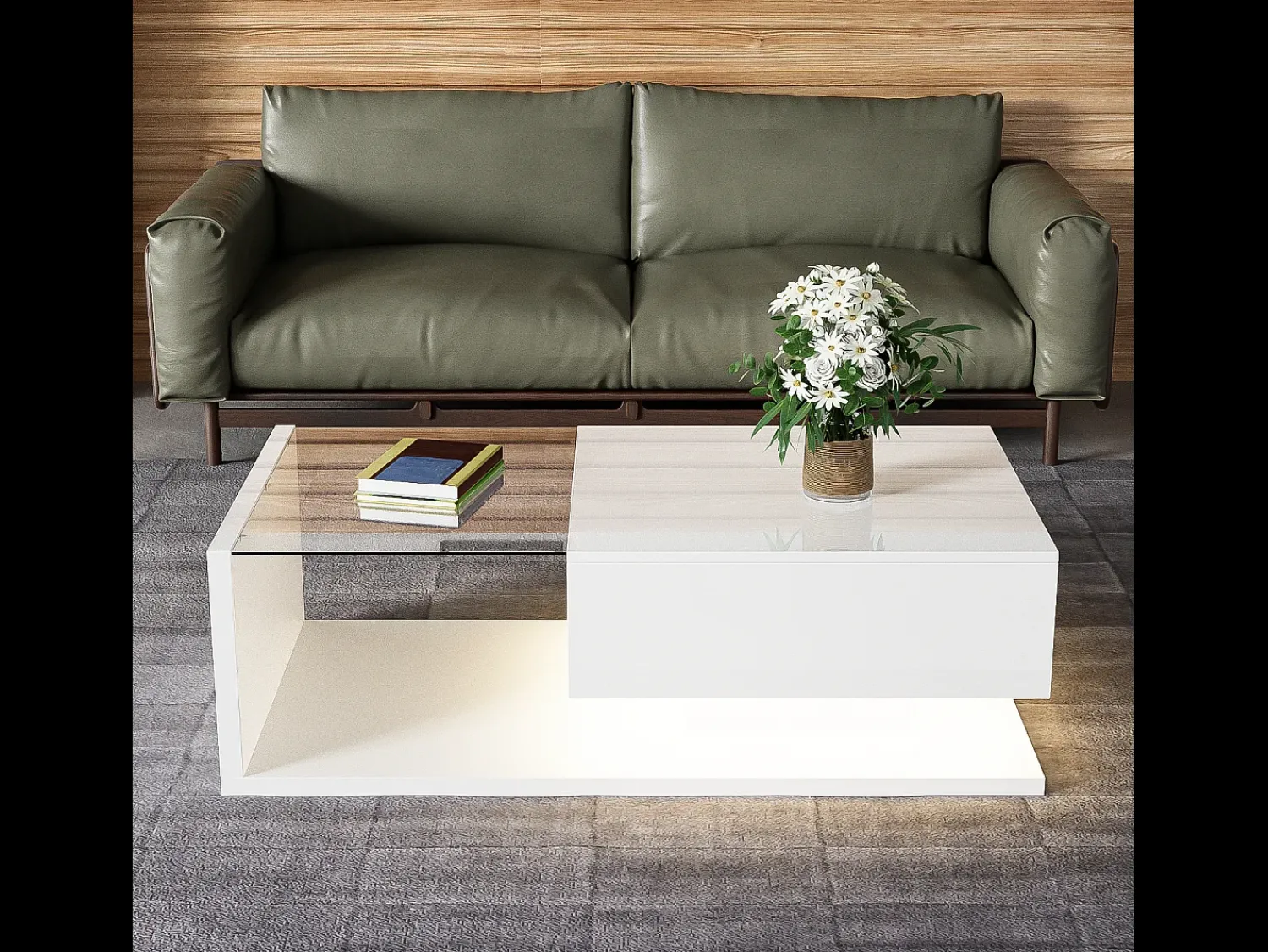 Mesa De Centro*Hauss Spole Mesa de centro branca brilhante com gaveta e LED, tampo em vidro 105x55x32,5cm Branco