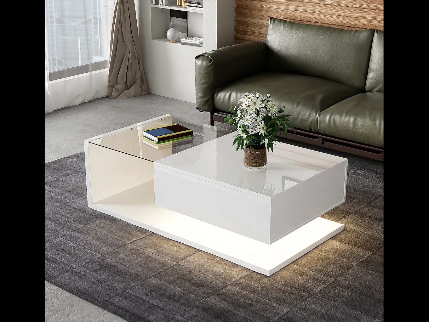 Mesa De Centro*Hauss Spole Mesa de centro branca brilhante com gaveta e LED, tampo em vidro 105x55x32,5cm Branco