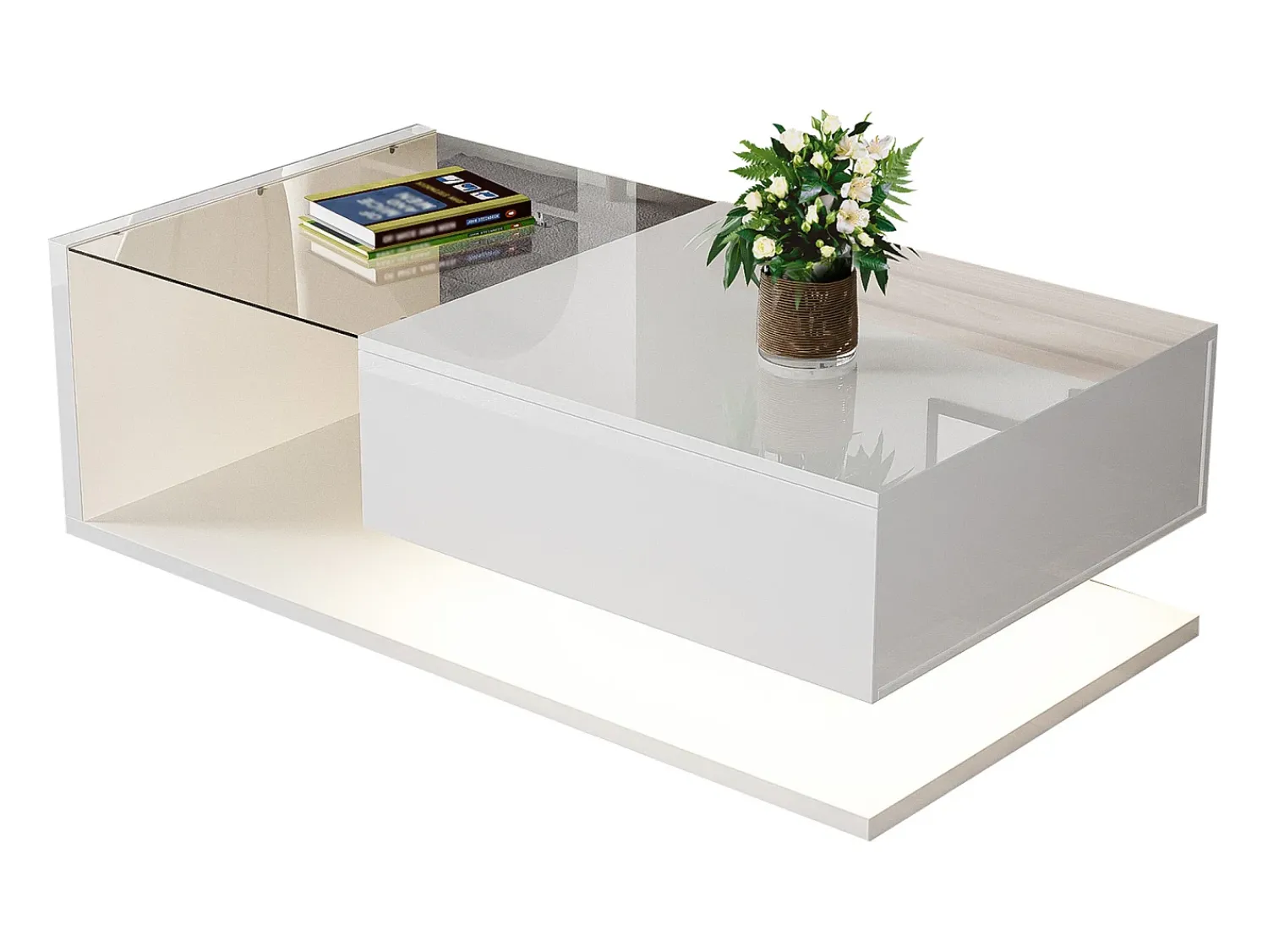 Mesa De Centro*Hauss Spole Mesa de centro branca brilhante com gaveta e LED, tampo em vidro 105x55x32,5cm Branco