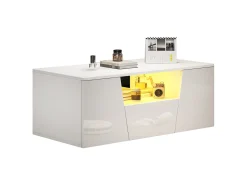Clearance Mesa de centro branca com 2 portas e 1 gaveta - Tampo brilhante e iluminação LED - Design irregular Branco