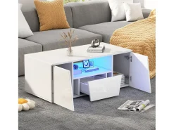 Clearance Mesa de centro branca com 2 portas e 1 gaveta - Tampo brilhante e iluminação LED - Design irregular Branco