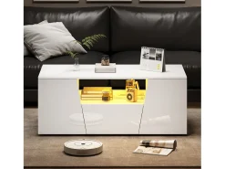 Clearance Mesa de centro branca com 2 portas e 1 gaveta - Tampo brilhante e iluminação LED - Design irregular Branco
