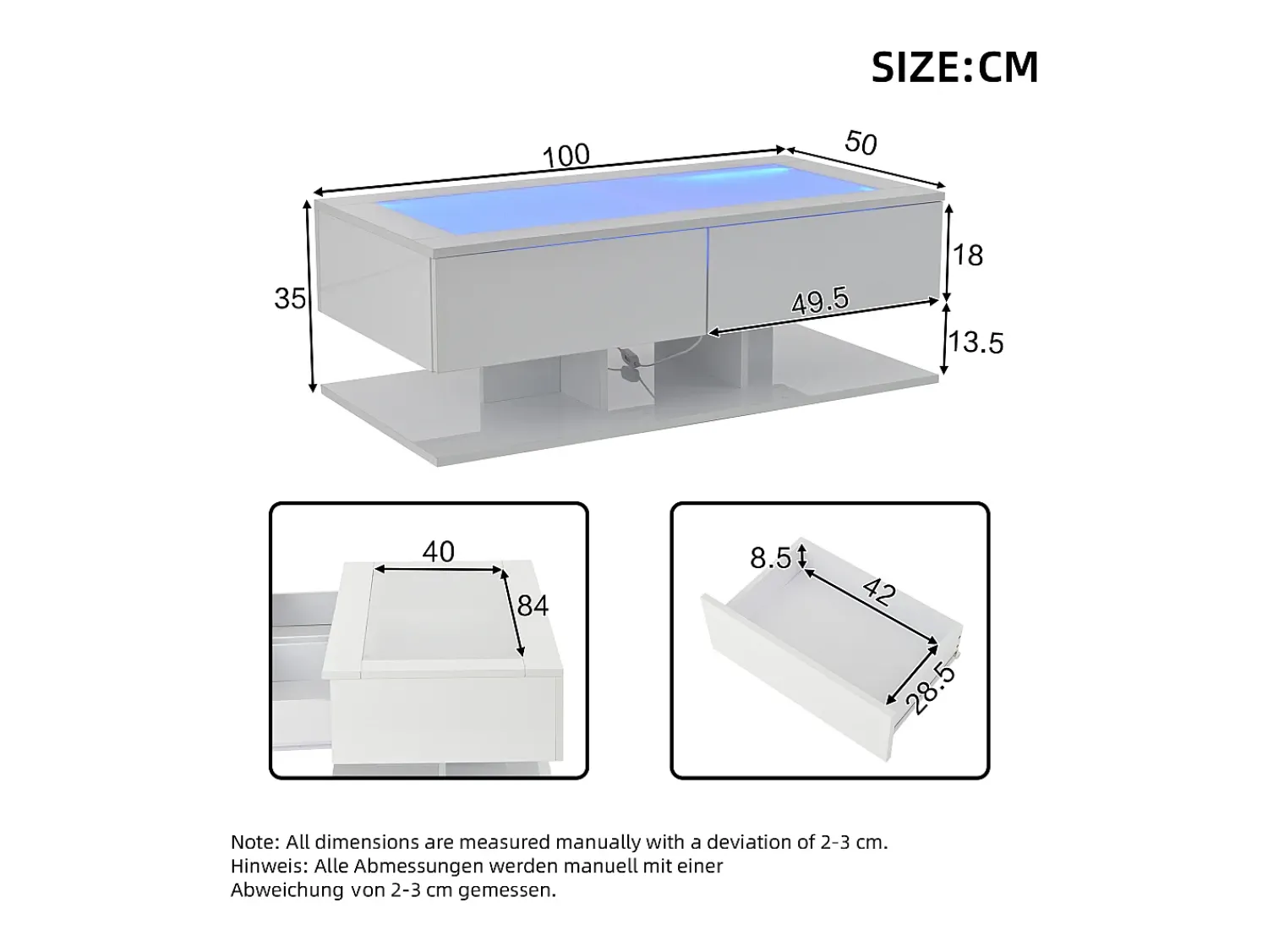 Mesa De Centro|Hauss Spole Mesa de centro branca com 2 gavetas e iluminação LED, tampo em vidro e acabamento brilhante. Branco
