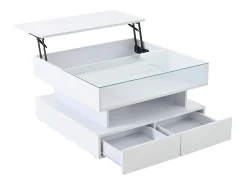 Mesa de centro branca com iluminação LED - Mesa de centro com 2 gavetas e tampo elevável - arrumação aberta^ Mesa De Centro