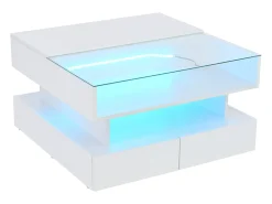 Mesa de centro branca com iluminação LED - Mesa de centro com 2 gavetas e tampo elevável - arrumação aberta^ Mesa De Centro