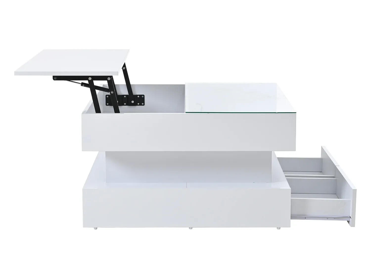Mesa de centro branca com iluminação LED - Mesa de centro com 2 gavetas e tampo elevável - arrumação aberta^ Mesa De Centro