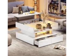 Mesa de centro branca com iluminação LED - Mesa de centro com 2 gavetas e tampo elevável - arrumação aberta^ Mesa De Centro