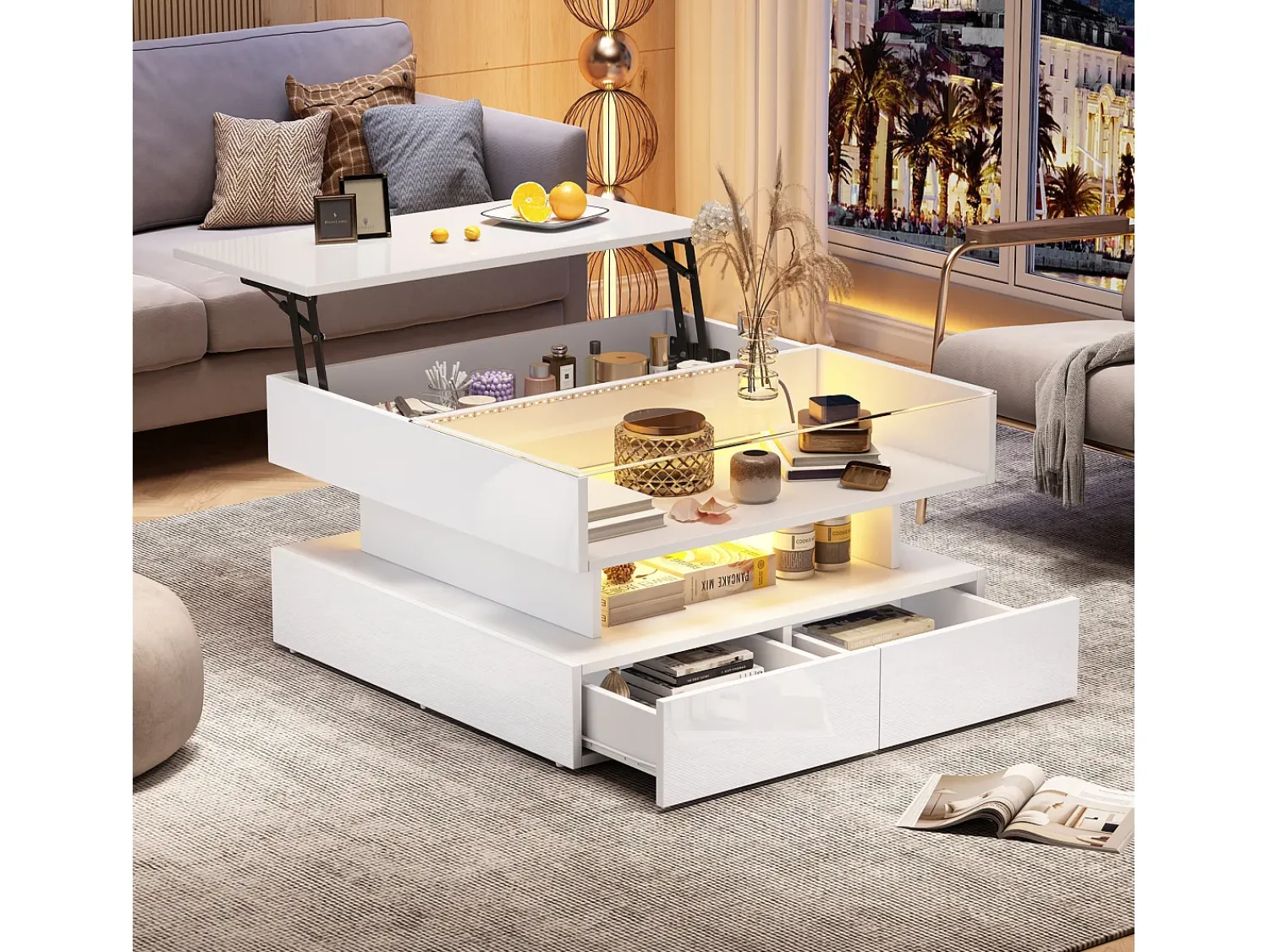 Mesa de centro branca com iluminação LED - Mesa de centro com 2 gavetas e tampo elevável - arrumação aberta^ Mesa De Centro