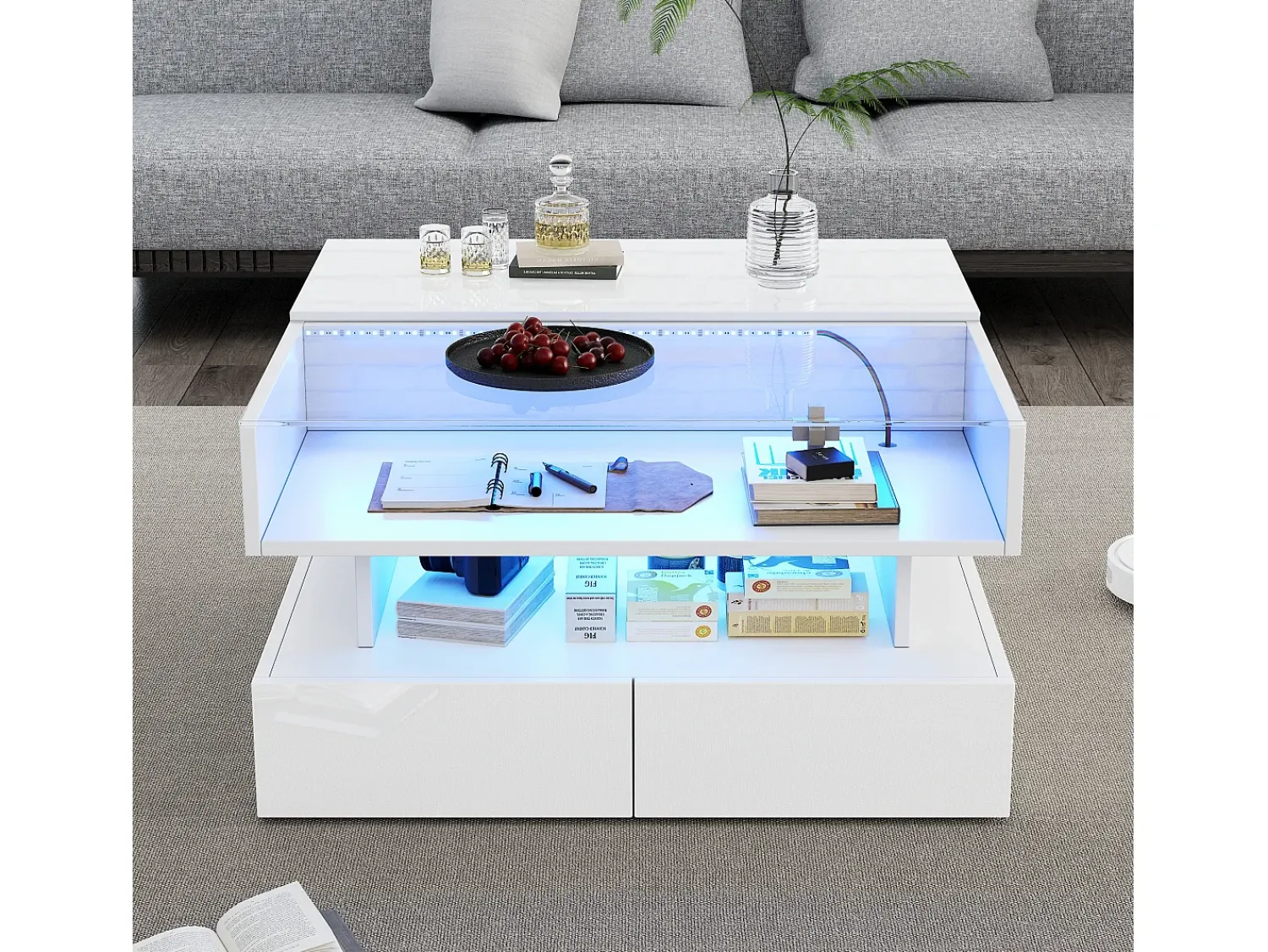 Mesa de centro branca com iluminação LED - Mesa de centro com 2 gavetas e tampo elevável - arrumação aberta^ Mesa De Centro