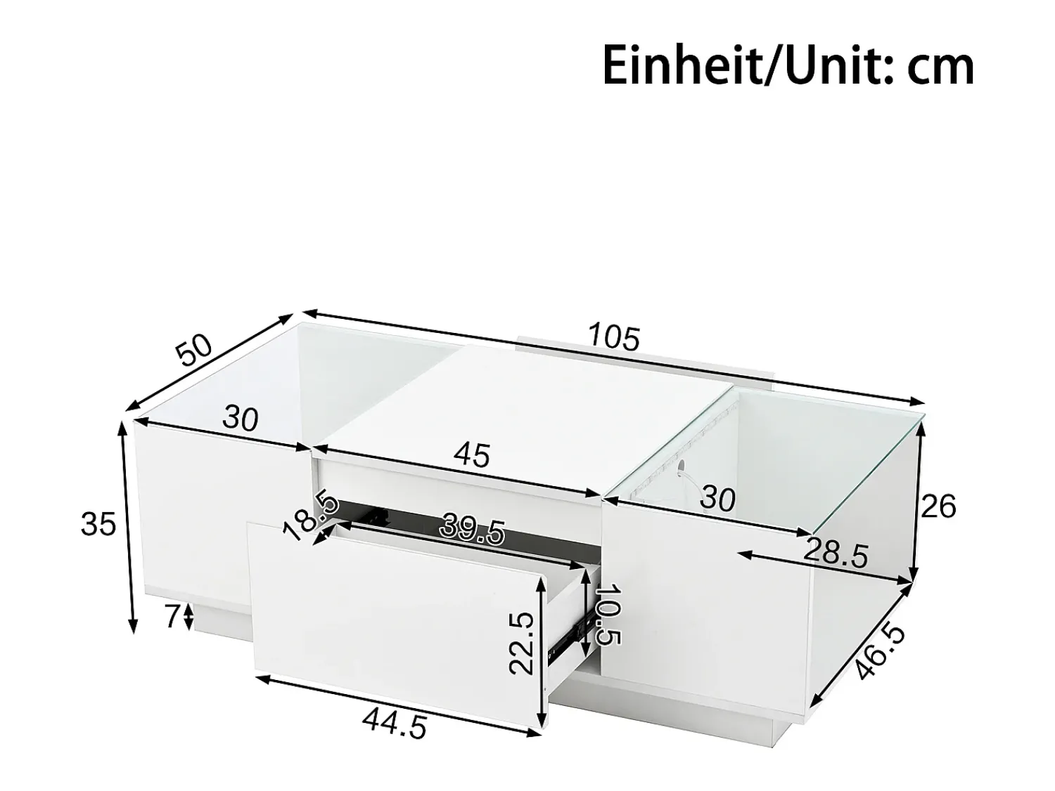 Mesa De Centro|Hauss Spole Mesa de centro branca com 2 gavetas, iluminação LED e tampo em vidro 105x50x35cm Branco