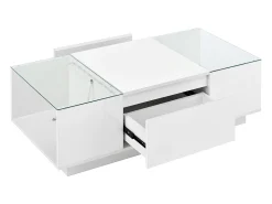 Mesa De Centro|Hauss Spole Mesa de centro branca com 2 gavetas, iluminação LED e tampo em vidro 105x50x35cm Branco