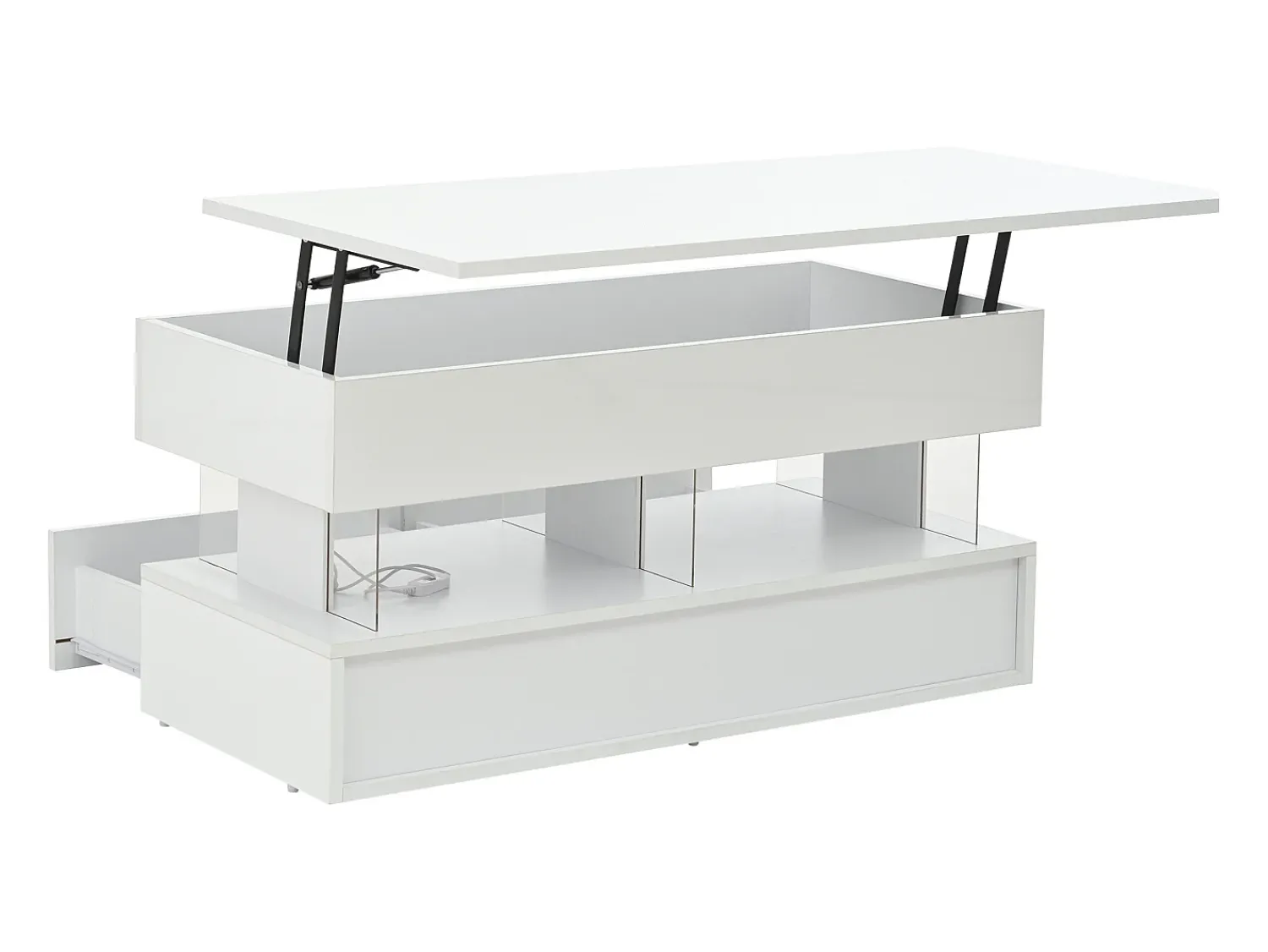 New Mesa de centro branca com iluminação LED - Mesa de centro com tampo regulável em altura e 2 gavetas - arrumação oculta Branco