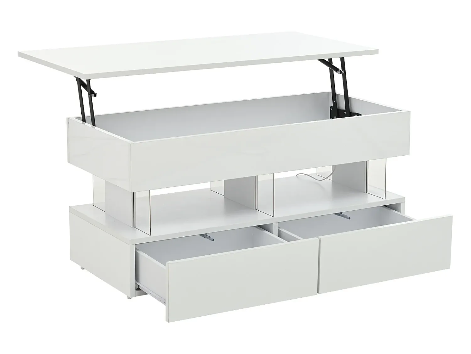 New Mesa de centro branca com iluminação LED - Mesa de centro com tampo regulável em altura e 2 gavetas - arrumação oculta Branco