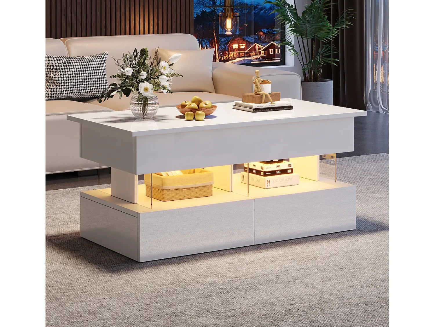 New Mesa de centro branca com iluminação LED - Mesa de centro com tampo regulável em altura e 2 gavetas - arrumação oculta Branco