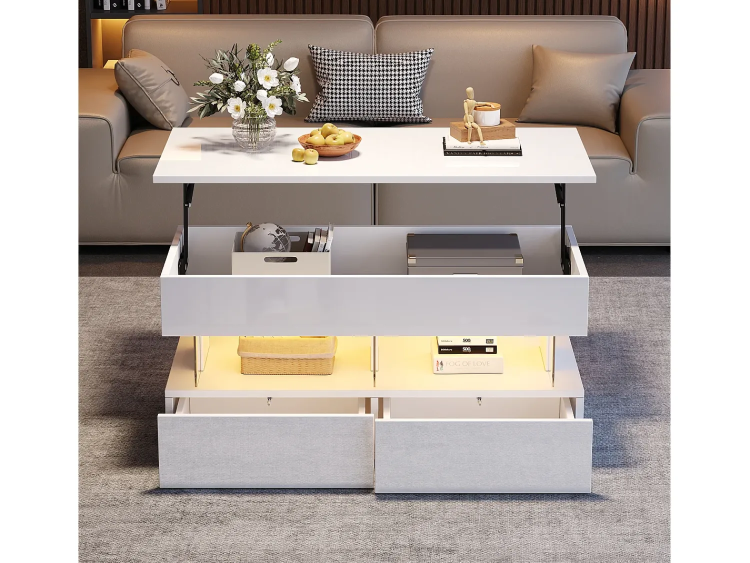 New Mesa de centro branca com iluminação LED - Mesa de centro com tampo regulável em altura e 2 gavetas - arrumação oculta Branco