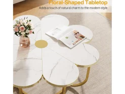Clearance Tribesigns Mesa de centro branca e dourada, mesa de centro moderna em forma de flor de 100 cm com tampo em mármore falso, mesa central com detalhes florais e estrutura metálica para sala de estar, quarto Branco