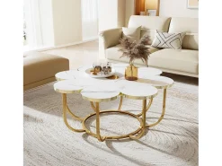 Clearance Tribesigns Mesa de centro branca e dourada, mesa de centro moderna em forma de flor de 100 cm com tampo em mármore falso, mesa central com detalhes florais e estrutura metálica para sala de estar, quarto Branco