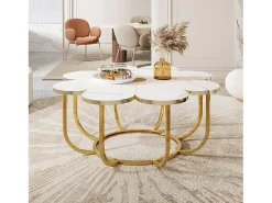 Clearance Tribesigns Mesa de centro branca e dourada, mesa de centro moderna em forma de flor de 100 cm com tampo em mármore falso, mesa central com detalhes florais e estrutura metálica para sala de estar, quarto Branco