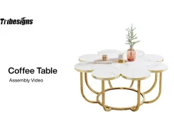 Clearance Tribesigns Mesa de centro branca e dourada, mesa de centro moderna em forma de flor de 100 cm com tampo em mármore falso, mesa central com detalhes florais e estrutura metálica para sala de estar, quarto Branco