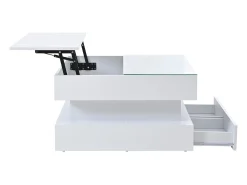 Online Hauss Spole Mesa de centro branca elevável com 2 gavetas, iluminação LED e arrumação, tampo em vidro semi-temperado Branco