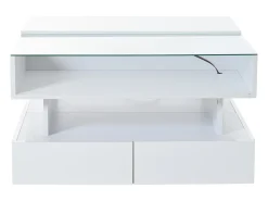 Online Hauss Spole Mesa de centro branca elevável com 2 gavetas, iluminação LED e arrumação, tampo em vidro semi-temperado Branco